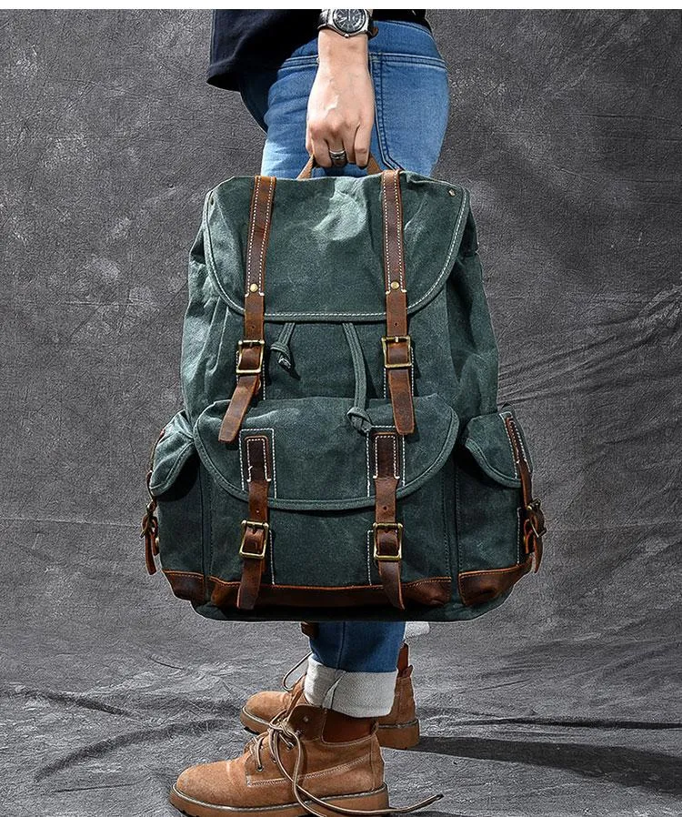Waxed Canvas Leather Mens Womens 16" Khaki Backpack Green Travel Backpack College Backpack for Men