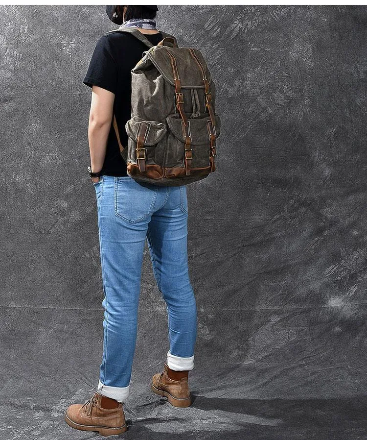 Waxed Canvas Leather Mens Womens 16" Khaki Backpack Green Travel Backpack College Backpack for Men