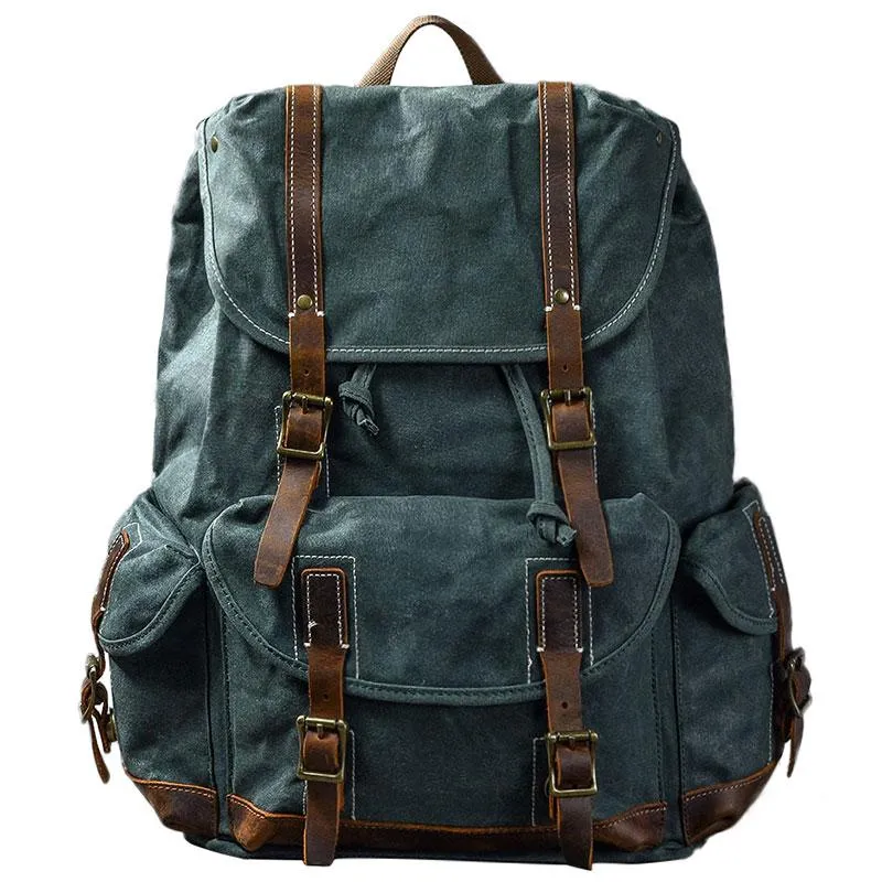 Waxed Canvas Leather Mens Womens 16" Khaki Backpack Green Travel Backpack College Backpack for Men