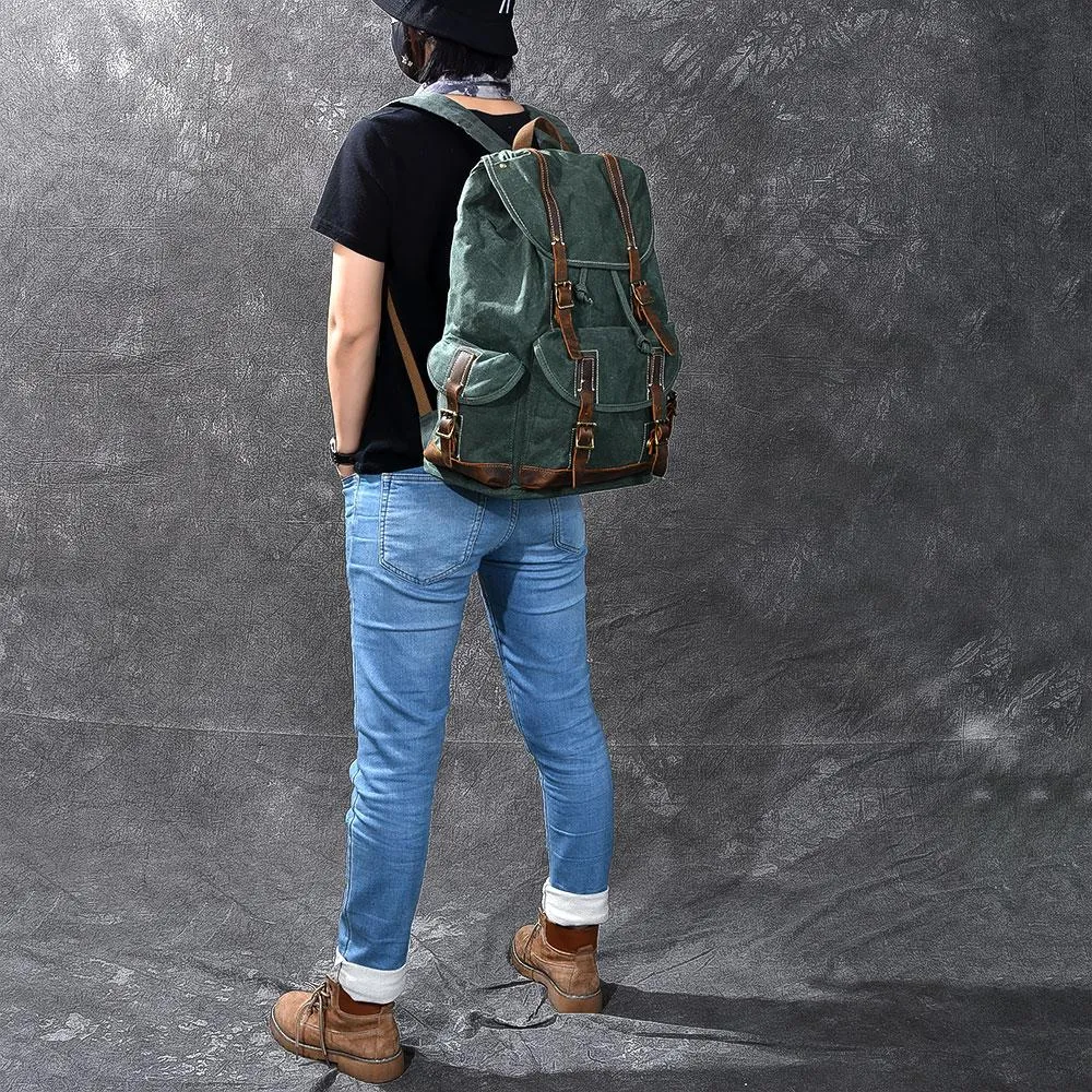 Waxed Canvas Leather Mens Womens 16" Khaki Backpack Green Travel Backpack College Backpack for Men