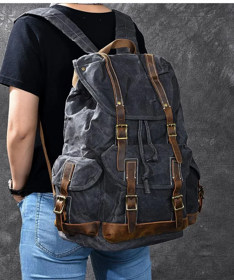 Waxed Canvas Leather Mens Womens 16" Khaki Backpack Green Travel Backpack College Backpack for Men