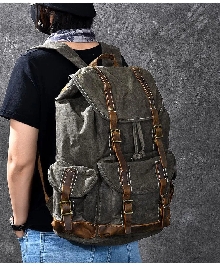 Waxed Canvas Leather Mens Womens 16" Khaki Backpack Green Travel Backpack College Backpack for Men