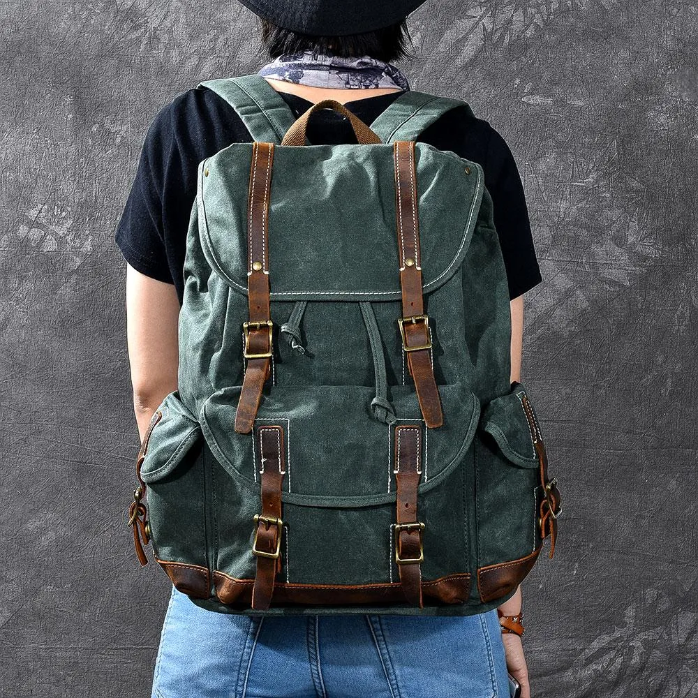 Waxed Canvas Leather Mens Womens 16" Khaki Backpack Green Travel Backpack College Backpack for Men
