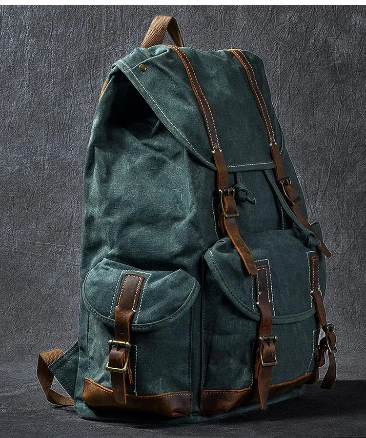 Waxed Canvas Leather Mens Womens 16" Khaki Backpack Green Travel Backpack College Backpack for Men