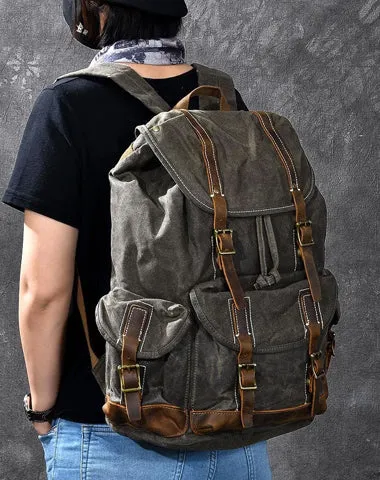 Waxed Canvas Leather Mens Womens 16" Khaki Backpack Green Travel Backpack College Backpack for Men