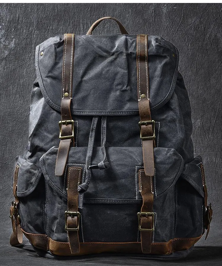 Waxed Canvas Leather Mens Womens 16" Khaki Backpack Green Travel Backpack College Backpack for Men
