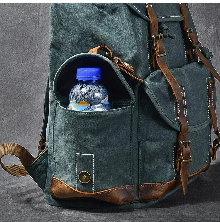 Waxed Canvas Leather Mens Womens 16" Khaki Backpack Green Travel Backpack College Backpack for Men