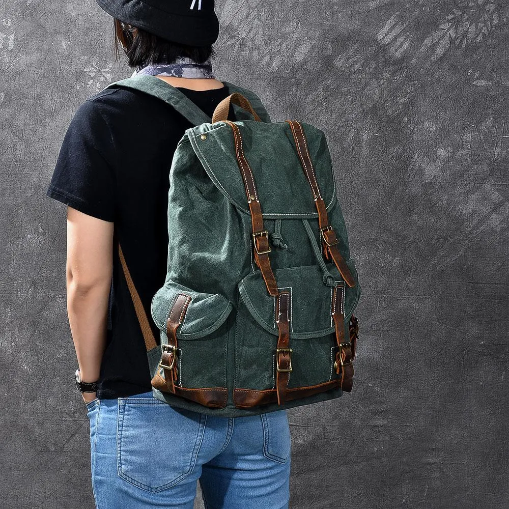 Waxed Canvas Leather Mens Womens 16" Khaki Backpack Green Travel Backpack College Backpack for Men