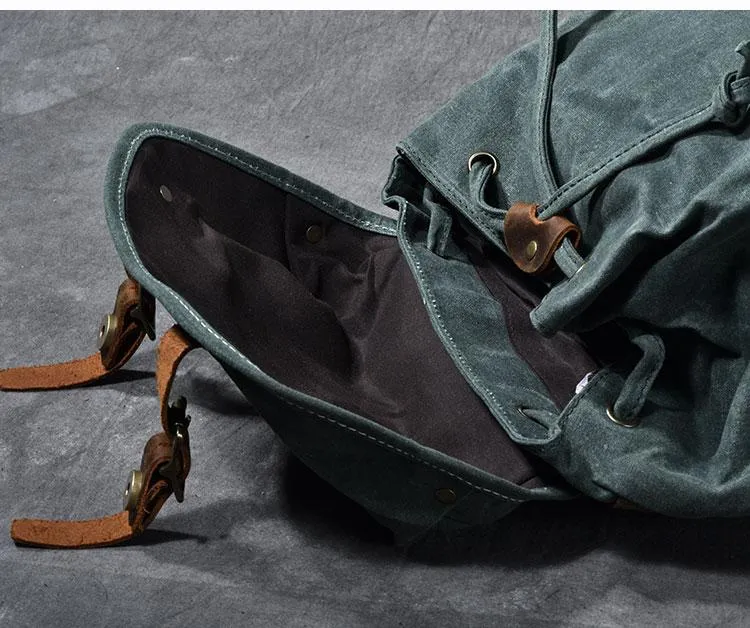 Waxed Canvas Leather Mens Womens 16" Khaki Backpack Green Travel Backpack College Backpack for Men