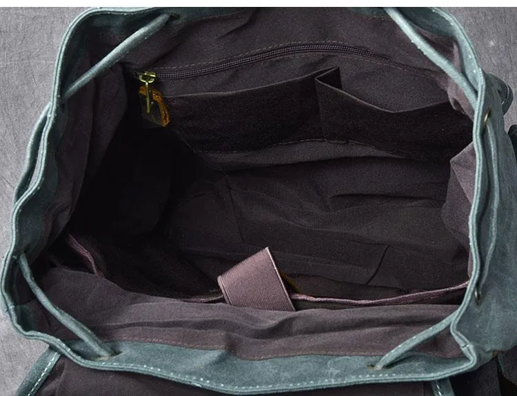 Waxed Canvas Leather Mens Womens 16" Khaki Backpack Green Travel Backpack College Backpack for Men