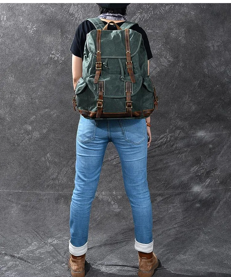 Waxed Canvas Leather Mens Womens 16" Khaki Backpack Green Travel Backpack College Backpack for Men