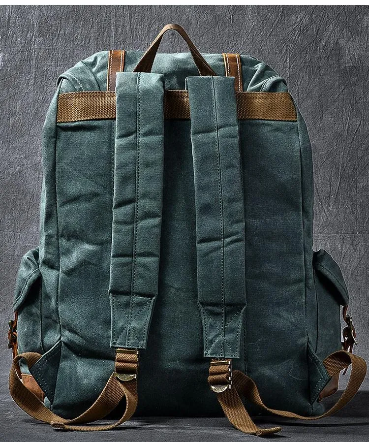 Waxed Canvas Leather Mens Womens 16" Khaki Backpack Green Travel Backpack College Backpack for Men