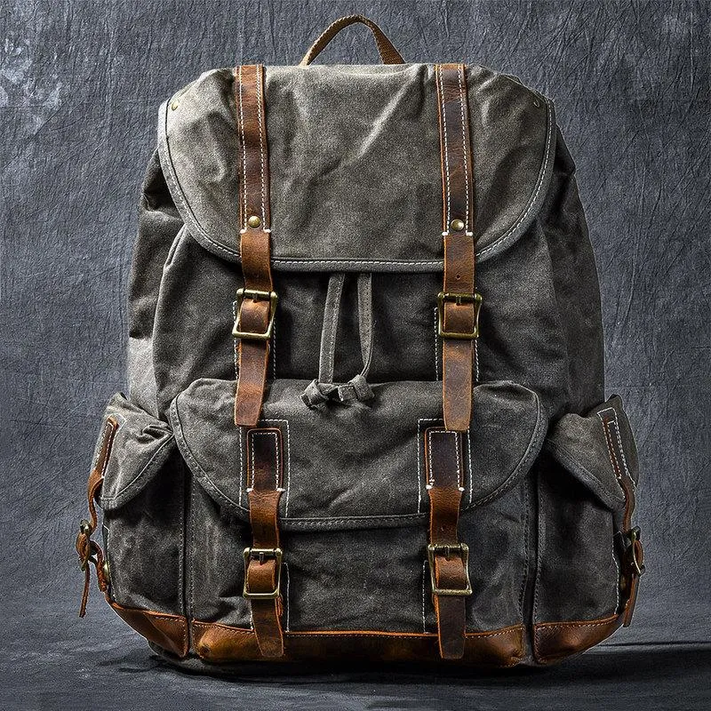 Waxed Canvas Leather Mens Womens 16" Khaki Backpack Green Travel Backpack College Backpack for Men