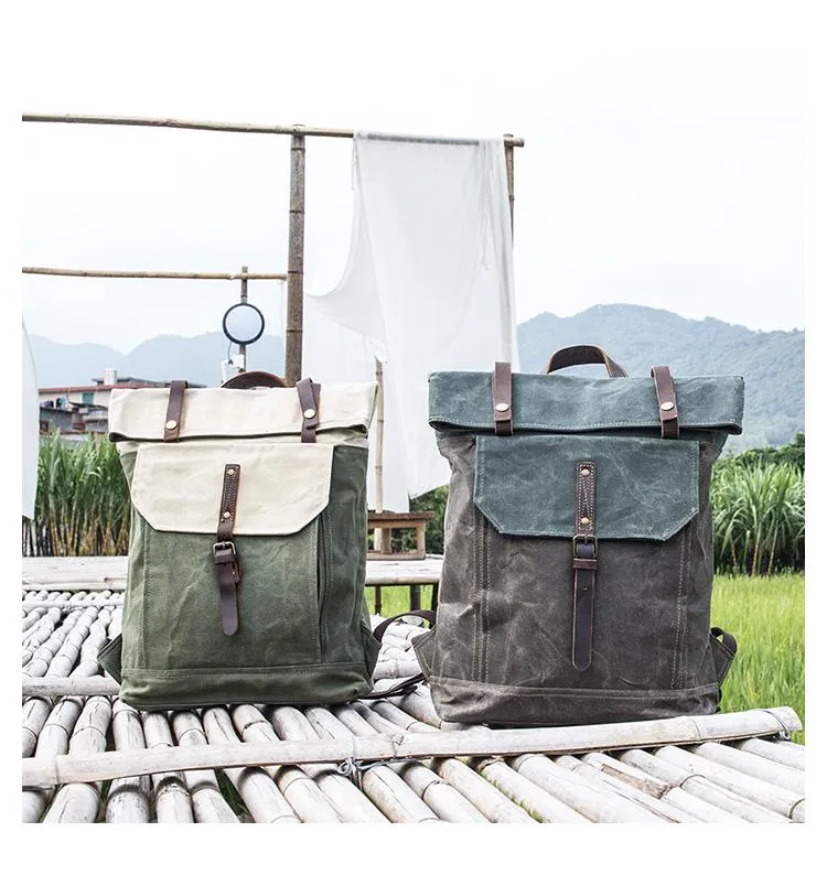 Waxed Canvas Mens Womens 15???? Computer Backpack Green School Backpack Hiking Backpack for Men