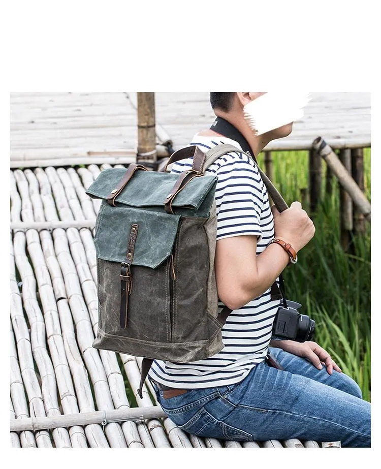 Waxed Canvas Mens Womens 15???? Computer Backpack Green School Backpack Hiking Backpack for Men