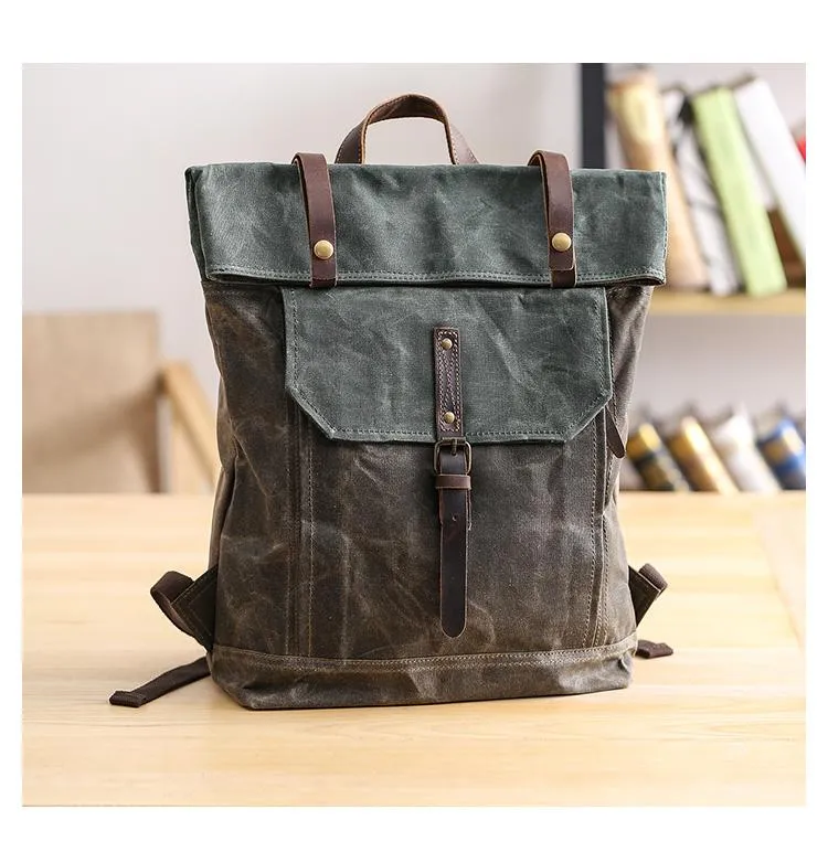 Waxed Canvas Mens Womens 15???? Computer Backpack Green School Backpack Hiking Backpack for Men