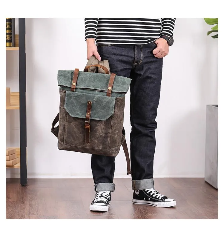Waxed Canvas Mens Womens 15???? Computer Backpack Green School Backpack Hiking Backpack for Men
