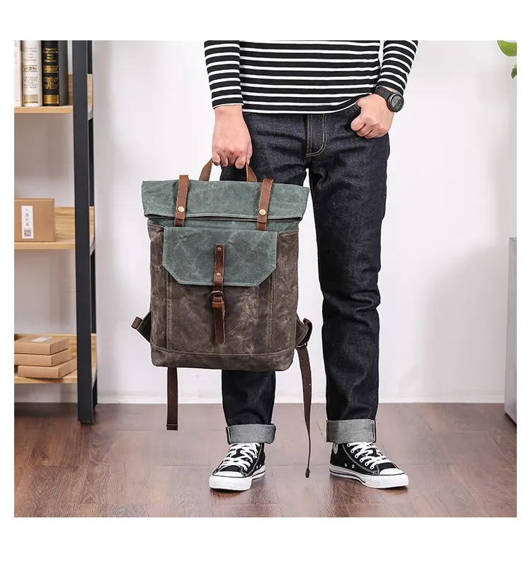 Waxed Canvas Mens Womens 15???? Computer Backpack Green School Backpack Hiking Backpack for Men