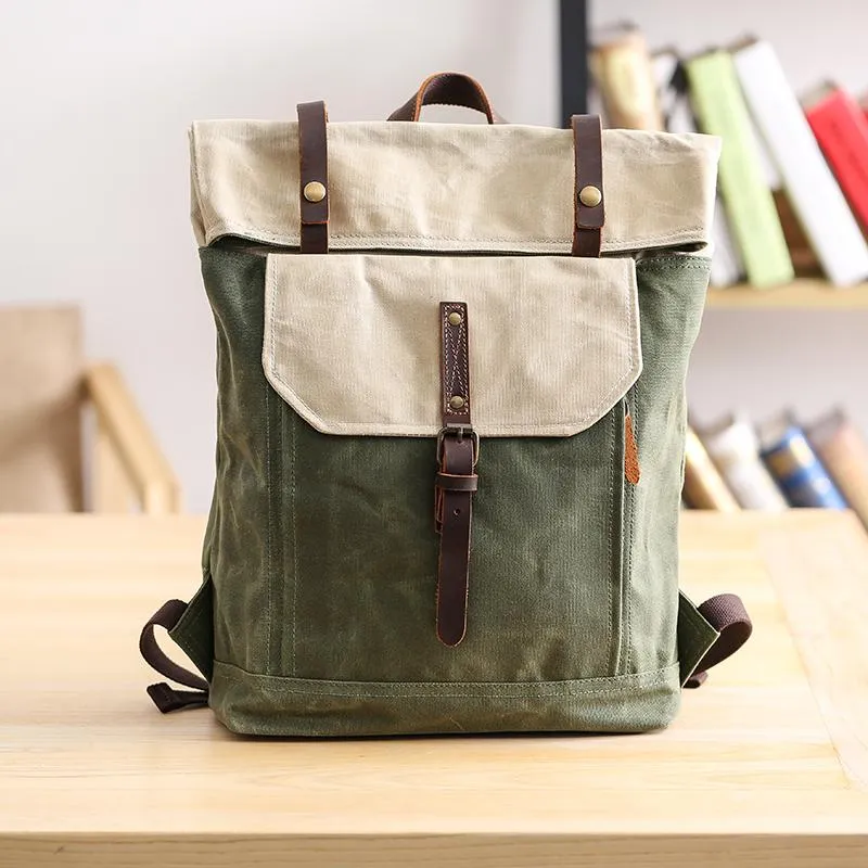 Waxed Canvas Mens Womens 15???? Computer Backpack Green School Backpack Hiking Backpack for Men