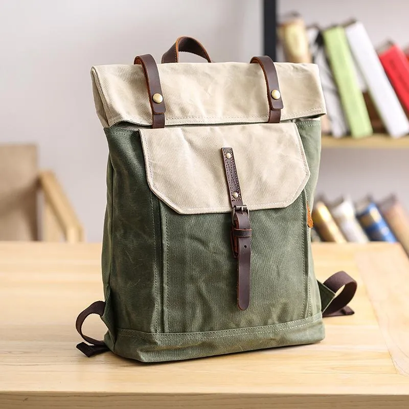 Waxed Canvas Mens Womens 15???? Computer Backpack Green School Backpack Hiking Backpack for Men