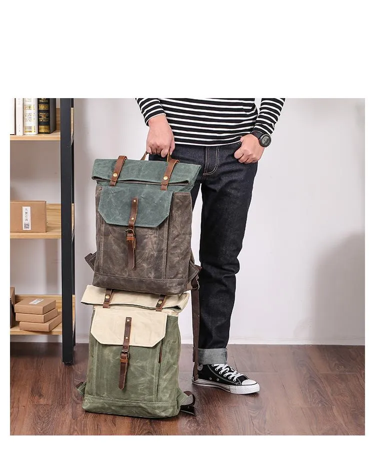 Waxed Canvas Mens Womens 15???? Computer Backpack Green School Backpack Hiking Backpack for Men