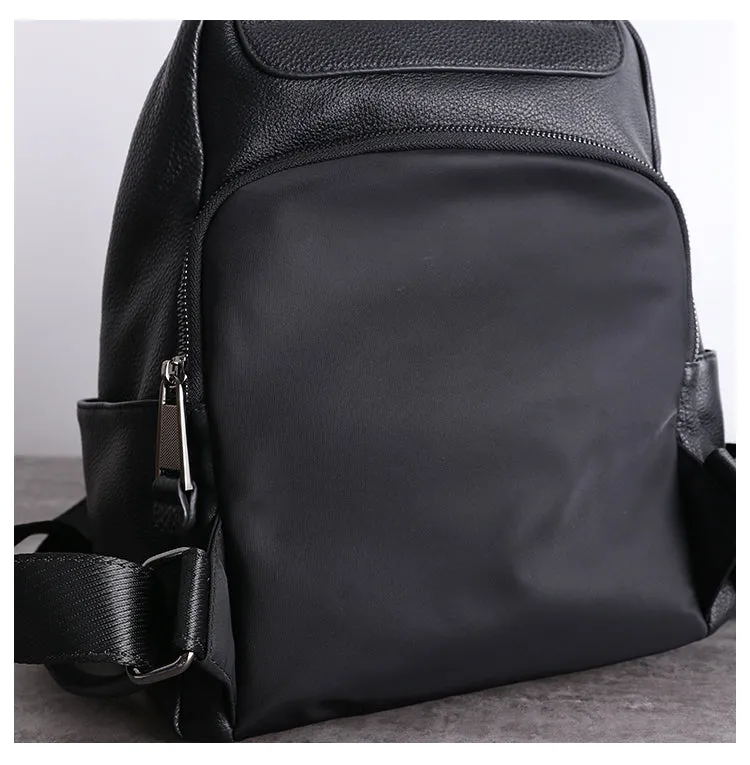 Womens Leather&Nylon Backpack Black Travel Backpack Purse Black Classic School Rucksack for Ladies