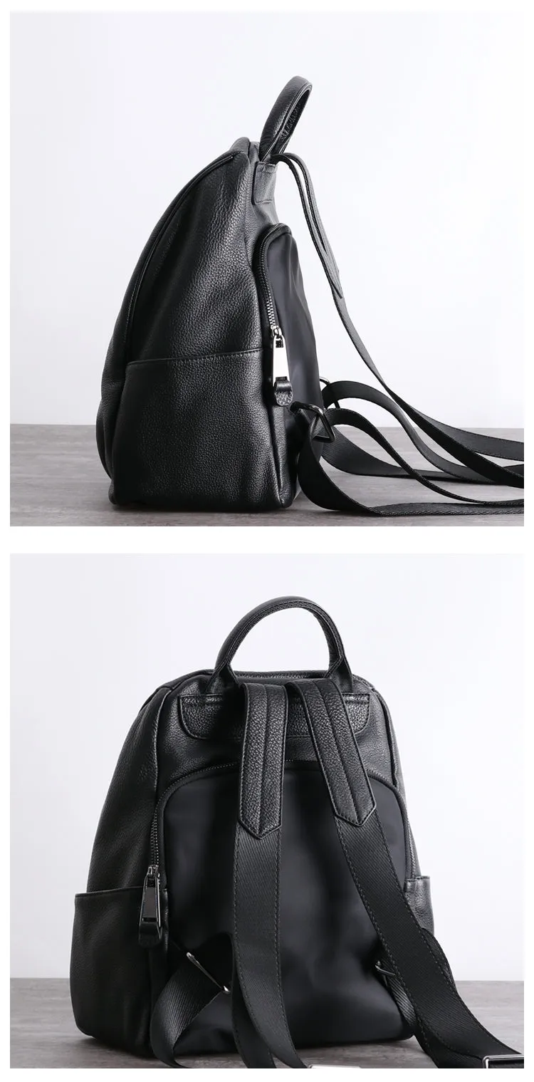 Womens Leather&Nylon Backpack Black Travel Backpack Purse Black Classic School Rucksack for Ladies